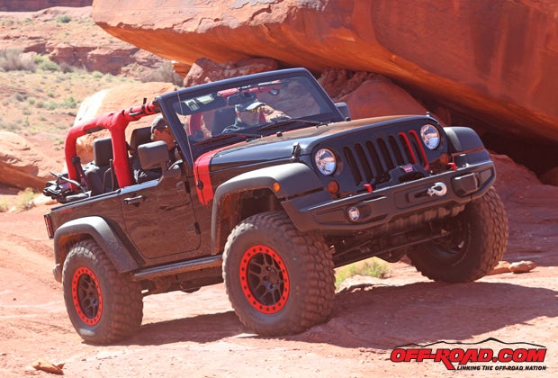 The Level Red features a 2-inch lift and 35-inch BFGoodrich KM2 tires to tackle trails  its even badged with five different Jeep Badge of Honor monikers.