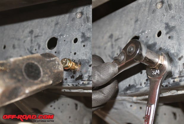 Using a BFH (big flippin hammer), bang the rivet nut into place using the bolt (inserted into the rivet nut) as the striking point. Once it is flush, use the tool created in the previous image to help smash down the outer edges of rivet nut onto the frame.