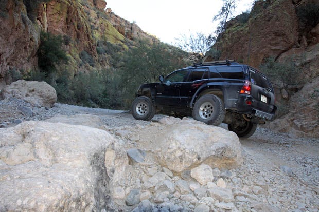 Careful wheel placement avoids body and drivetrain damage with these large boulders. 