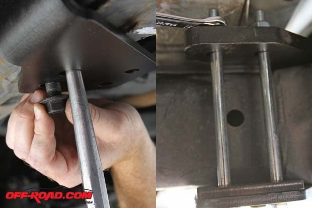 There are four bumper bolts that will go into the existing stock holes to secure the bumper, but they may need a little massaging (left) to line everything up properly at first. Four long bolts help secure the bumper legs in place, and dont forget to set the 1/4-inch spacer (right) on the frame between the bumper arm and the frame.  