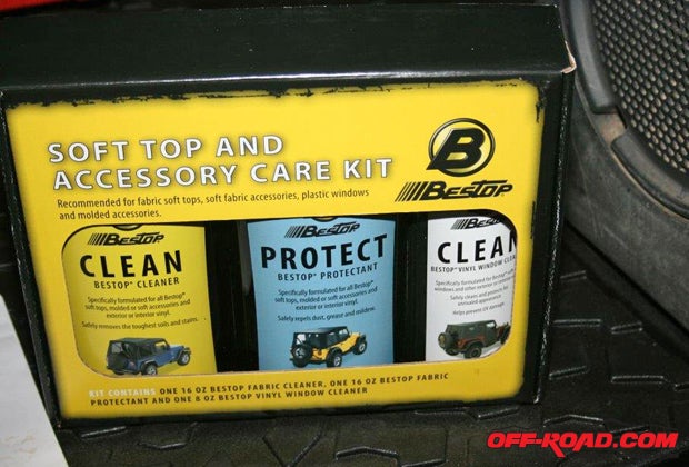 Bestops Soft Top and Accessory Care Kit includes a top and soft accessory cleaner, a vinyl window cleaner, and a protectant thats formulated to safely repel dust, grease, and mildew.