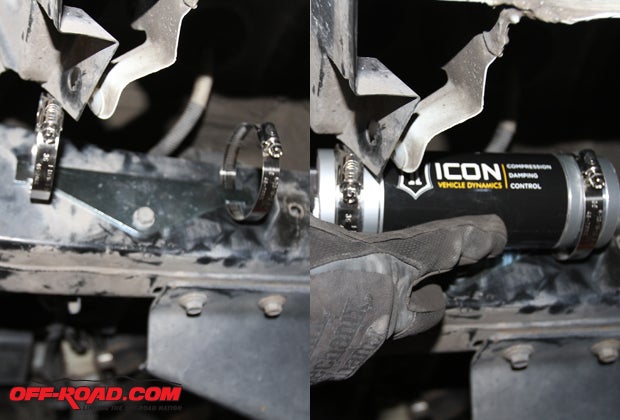 Removing the air suspension parts exposes a stock bolt hole to mount the reservoir  just like the passenger side. Icon suggests mounting the reservoir for the rear shock along the frame toward the rear of the vehicle.