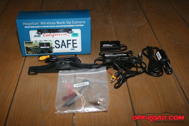 In the second package you get everything you need to connect Magellans wireless backup camera, including its transmitter and receiver, all the wiring, and the connectors.