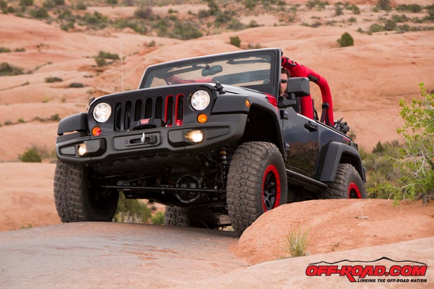 The Level Red feature Aero bumper ends on the 10th Anniversary Rubicon bumper, while Jeep Performance Products rock rails help provide trail protection. Should the Level Red get into a tricky spot, a Warn 9.5cti Winch will help get out of trouble  or help a fellow off-roader. 