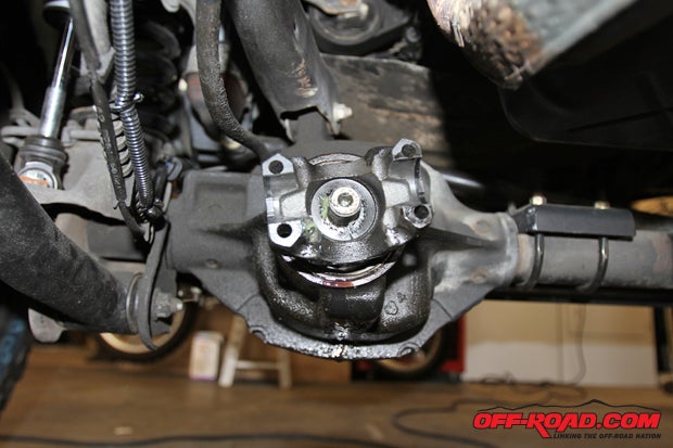 Once the differential stopped draining oil, we installed the included yoke to accept our new drive shaft.