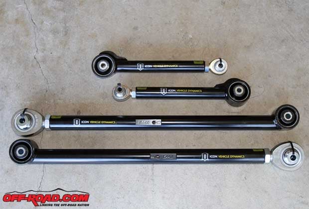 The upper (top) and lower (bottom) trailing arms included in our Icon suspension kit are more durable than their stock counterparts because of their sturdy construction, but they also allow for the adjustment of the pinion angles. Improper pinion angles can lead to driveline vibrations and premature driveline and u-joint failure.