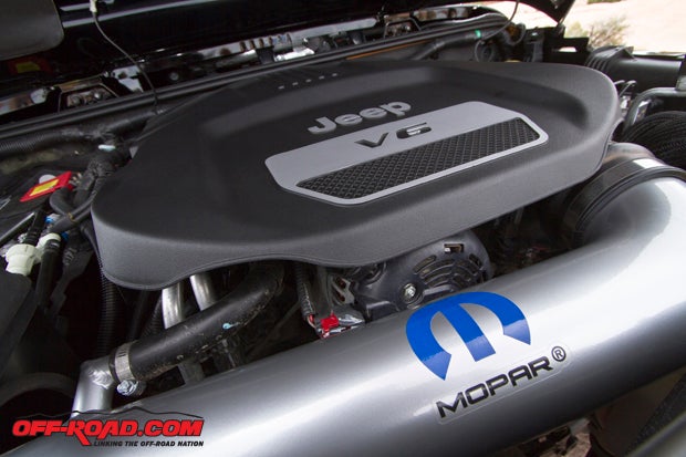 Mopar outfitted the 3.6-liter V6 with its Stage 1 Kit, which includes a cold-air intake and upgraded exhaust. 