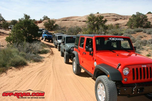 As soon as we were all off the pavementDan Mick picked Fins and Things (rated 4) for the off-road testingwe shifted all nine Wrangler Sports into low range for the upcoming challenges. I drove the red Unlimited in number 1 position with Dan Mick giving directions.