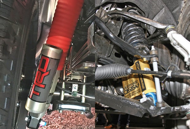 The Tacoma TRD Pro relies on Fox 2.5-inch shocks, with a coilovers up front and a piggyback shock in the rear (shown left). The new Colorado ZR2 will employ a unique DSSV Multimatic shock that feature a unique spool valve system to control damping.