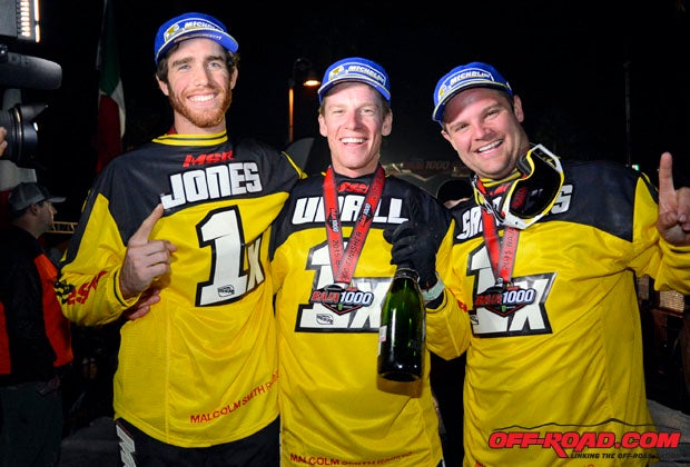 (From left to right): Justin Jones, Colton Udall and Mark Samuels earned the pro motorcycle victory and the season championship. Photo: Scott Rousseau