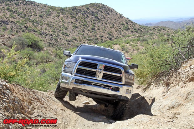 If you look closely, you can see the right rear wheel off the ground of this Power Wagon. The Backroad to Crown King offers some challengine sections for stock vehicles, but the Power Wagon was able to complete all of the challenging optional lines during our ride.