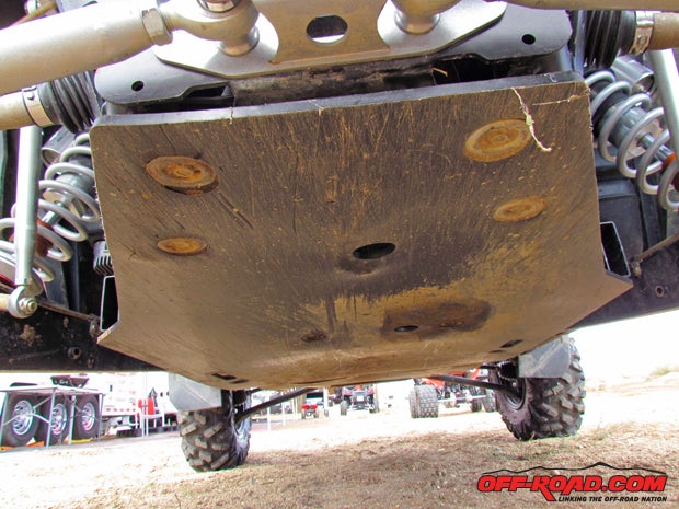 A TCS skid plate provides protection for his Polaris on the track. 