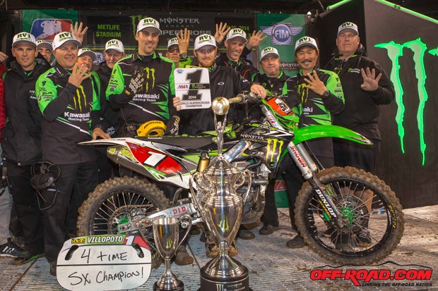 Ryan Villopoto celebrates with his Monster Energy Kawasaki team. 