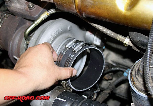 K&N provides a new silicone hose to connect the intake tube to the Holset turbo.